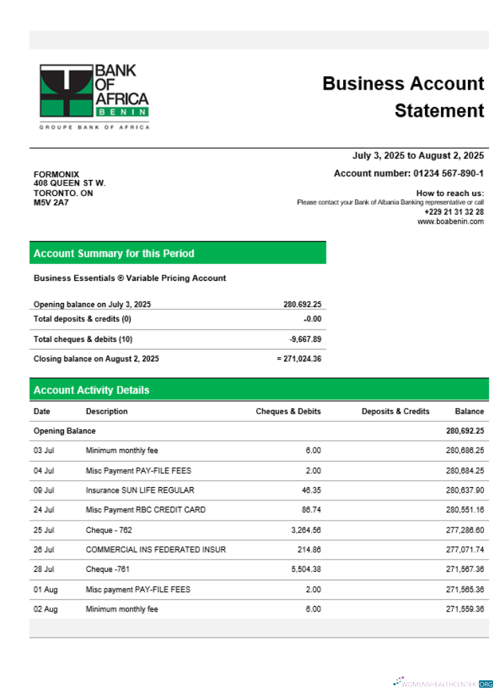 Download Bank of Africa company checking account statement Word and PDF template Photoshop template